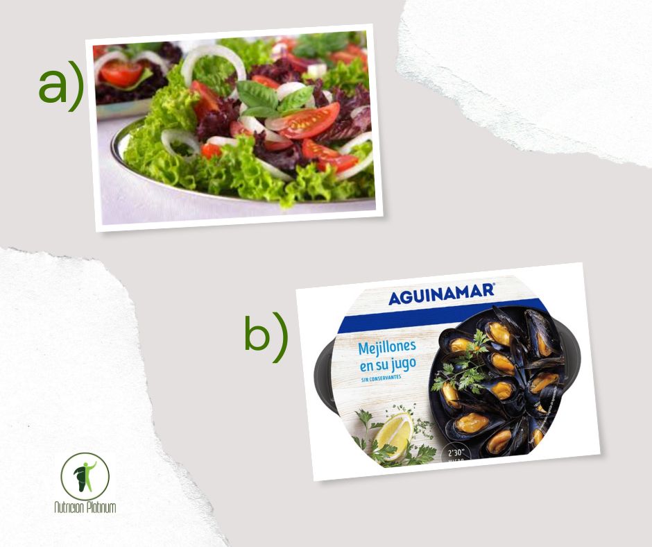 Ensalada con albahaca y Mejillones al vapor en conserva.